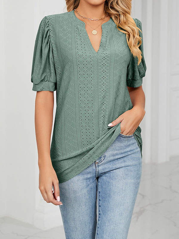 Hollow Solid Color Bishop Sleeve Loose V-neck T-Shirts Tops