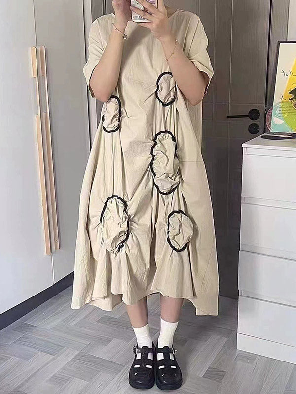 Pleated High-Low Loose Round-Neck Midi Dresses