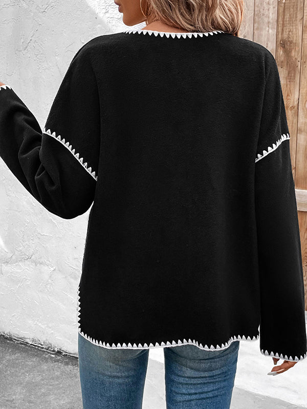 Buttoned Contrast Color Pockets Split-Joint Long Sleeves Loose Round-Neck Cardigan Tops