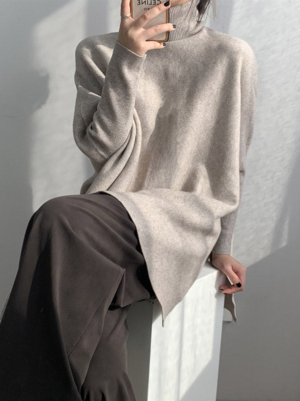 Original 4 Colors Split-Side High-Neck Long Sleeves Sweater Top