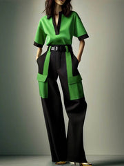 Contrast Color Half Sleeves Loose Lapel Blouses&Shirts Tops