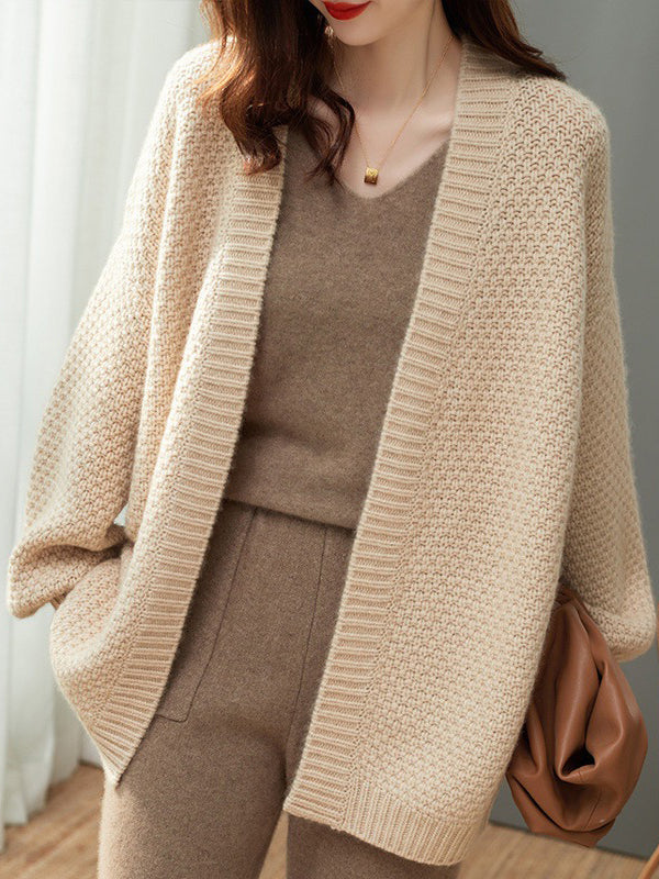 Solid Color Long Sleeves Loose Collarless Cardigan Tops