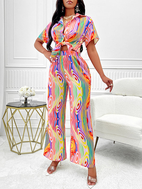 Buttoned Loose Short Sleeves Striped Lapel Shirts Top + Elasticity Pants Bottom Two Pieces Set