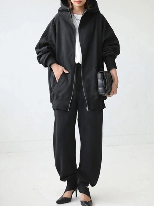 Solid Color Zipper Hooded Long Sleeves High-neck Outerwear Jackets