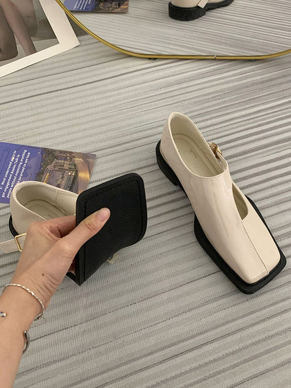 Buckle Hollow Split-Joint Square-Toe Loafers Flat Shoes