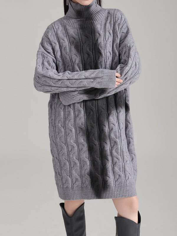 Contrast Color Long Sleeves Loose High Neck Sweater Dresses Mini Dresses