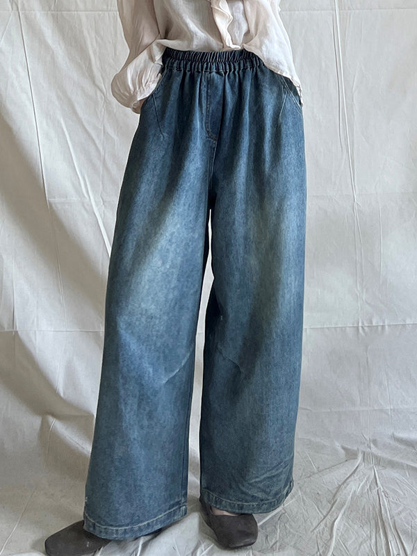 Contrast Color Elasticity Pockets Loose Wide Leg Jean Pants Bottoms