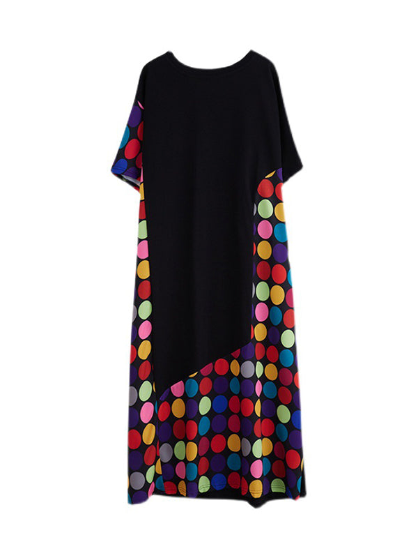 Multi-Colored Polka-Dot Split-Joint Loose Short Sleeves Round-Neck Midi Dresses