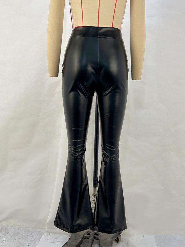Shiny Solid Color High Waisted Pants Flared Trousers