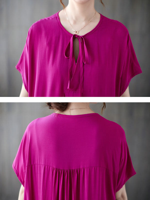 Lace-Up Pleated Solid Color Split-Joint Loose Short Sleeves Round-Neck Midi Dresses