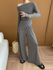 Asymmetric Solid Color Long Sleeves Off-The-Shoulder Shirts Top + High Waisted Pants Bottom Two Pieces Set