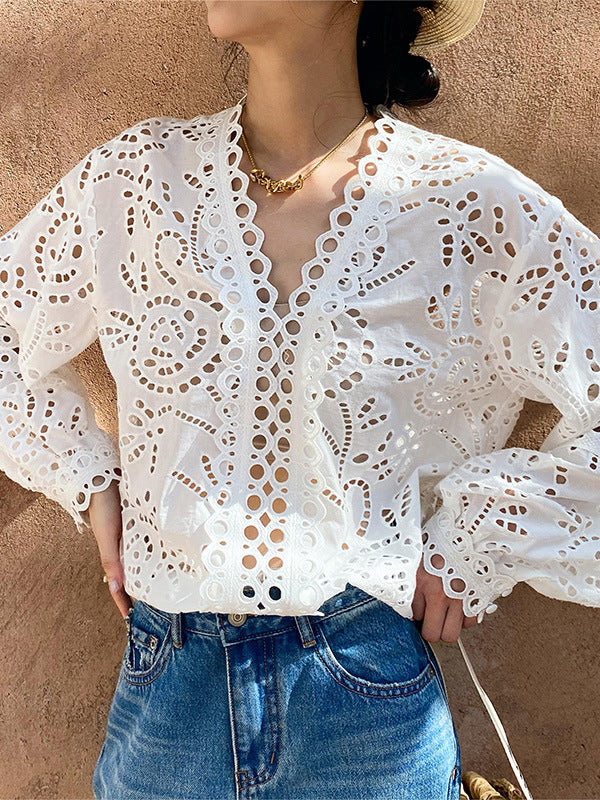 Hollow See-Through Solid Color Split-Joint Long Sleeves Loose V-Neck Blouses&Shirts Tops