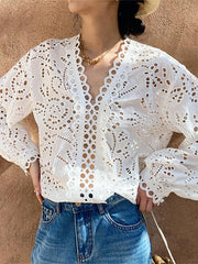 Hollow See-Through Solid Color Split-Joint Long Sleeves Loose V-Neck Blouses&Shirts Tops
