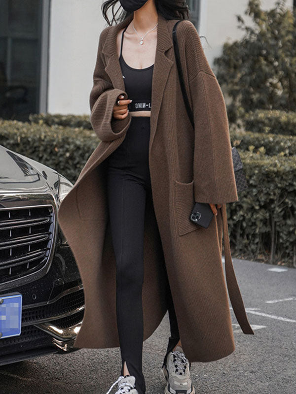 Pockets Solid Color Tied Waist Long Sleeves Loose Notched Collar Cardigan Coats