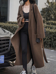Pockets Solid Color Tied Waist Long Sleeves Loose Notched Collar Cardigan Coats