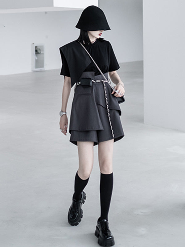 Urban Asymmetric Split-Front Solid Color Short Sleeves T-Shirt Top