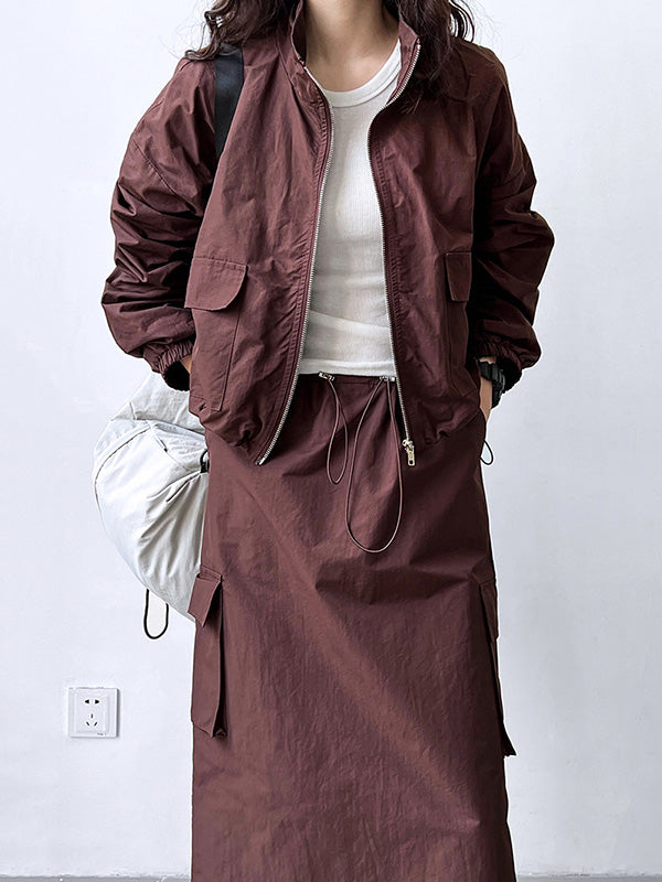 Solid Color Zipper Long Sleeves Loose Drawstring Elasticity Pockets Stand Collar Jacket Top + Split-Back Skirts Bottom Two Pieces Set
