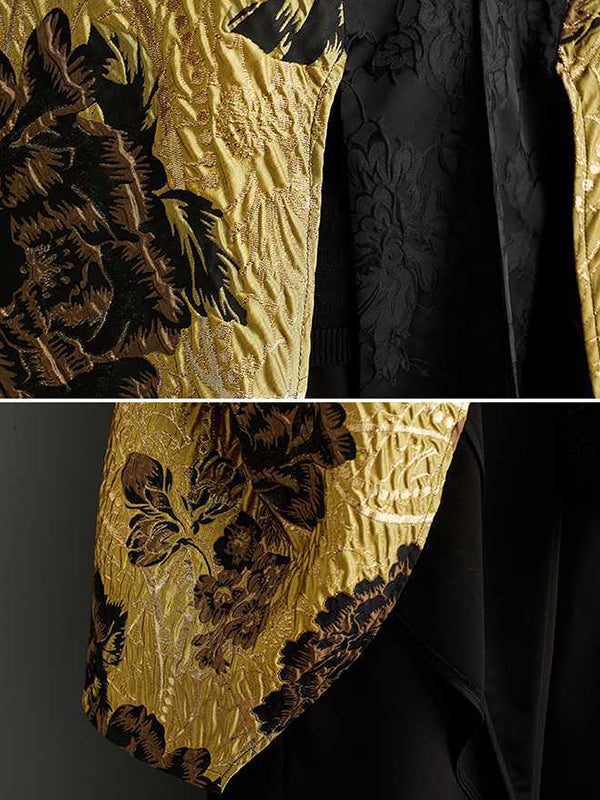 Flower-Embellished Chinese Frog Buttons Pleated Split-Joint Batwing Sleeves Loose V-Neck Outerwear