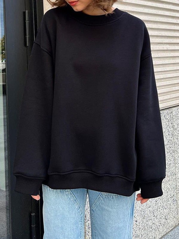 Solid Color Long Sleeves Loose Round-Neck Sweatshirt Tops
