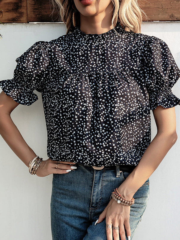 Elastics Floral Printed Split-Joint Bishop Sleeve Stand Collar Blouses&Shirts Tops