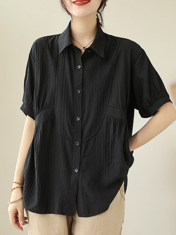 Pleated Solid Color Split-Joint Half Sleeves Loose Lapel Blouses&Shirts Tops