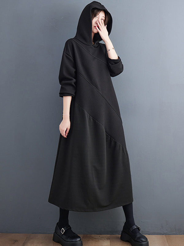 Casual Loose Long Sleeves Solid Color Hooded Midi Dresses