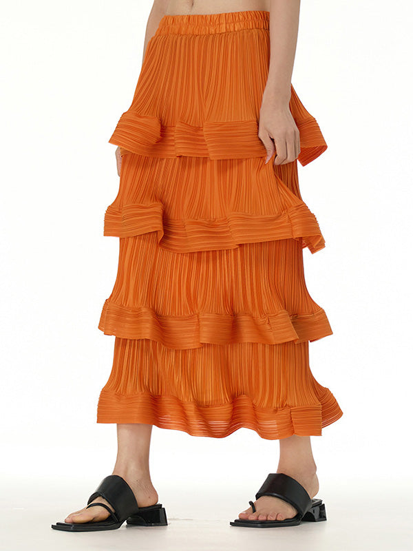 Elasticity Layered Pleated Ruffled Solid Color Loose Skirts Bottoms