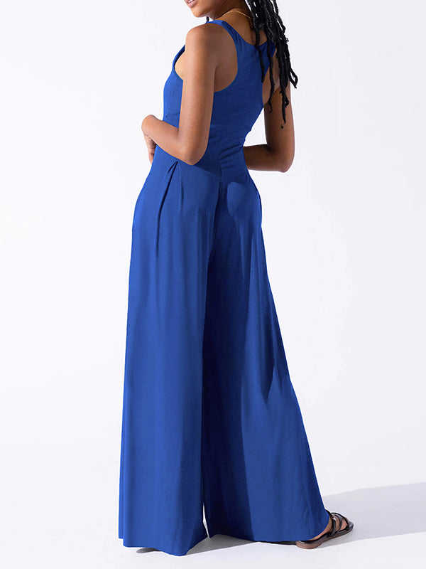 Pleated Solid Color Loose Sleeveless Spaghetti-Neck Jumpsuits
