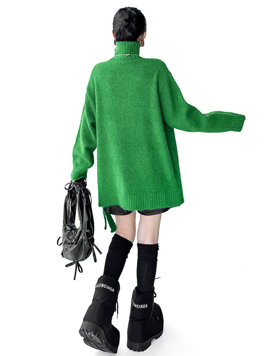 Buttoned Ribs Solid Color Split-Joint Irregularity Long Sleeves High Neck Sweater Tops