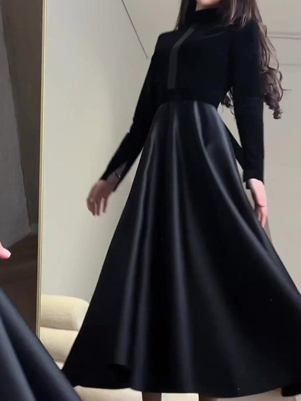 Pleated Split-Joint Zipper A-Line Long Sleeves Mock Neck Maxi Dresses