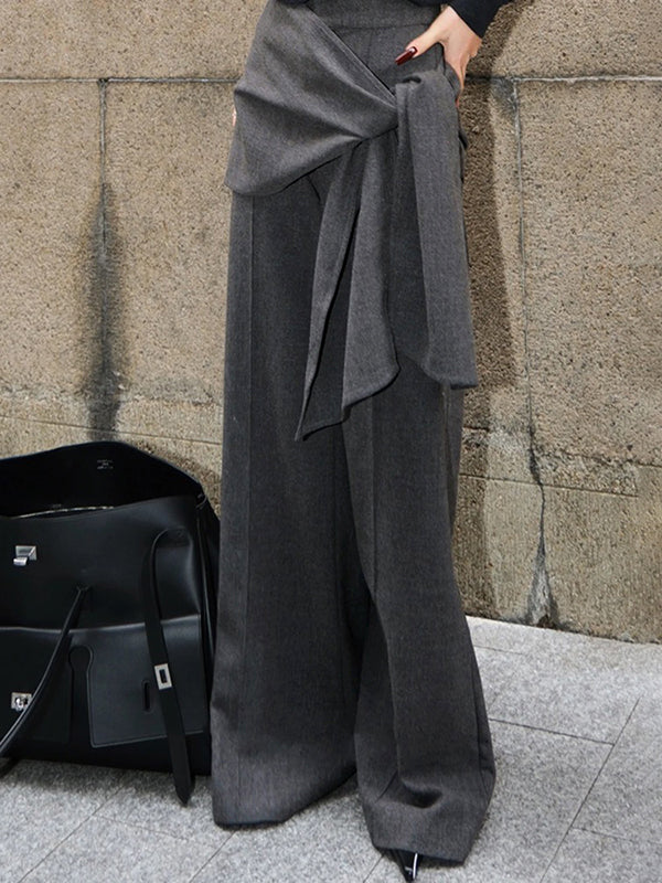 Solid Color Tied High Waisted Wide Leg Trousers Pants