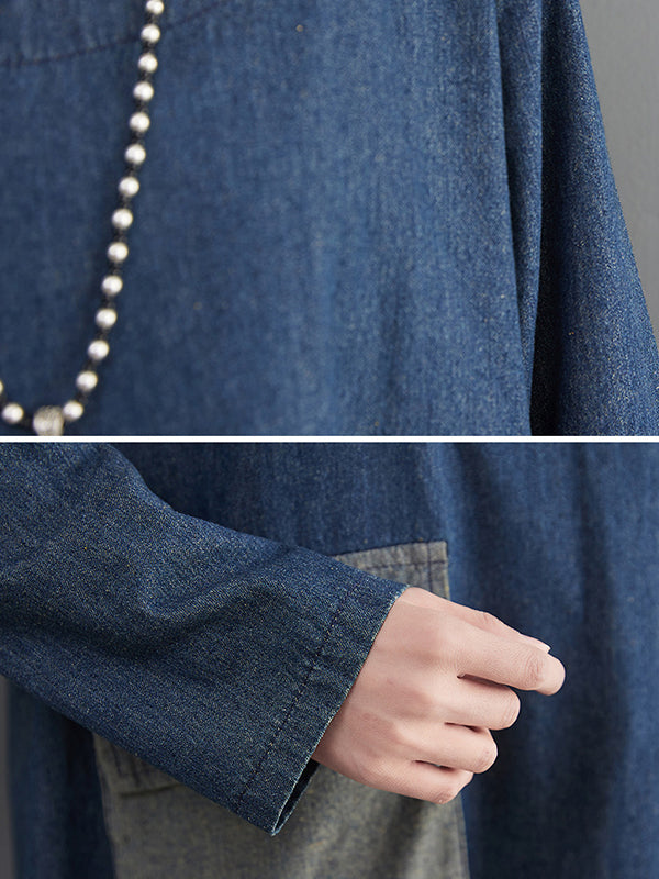 Artistic Retro Loose Denim Applique Round-Neck Long Sleeves Midi Dress