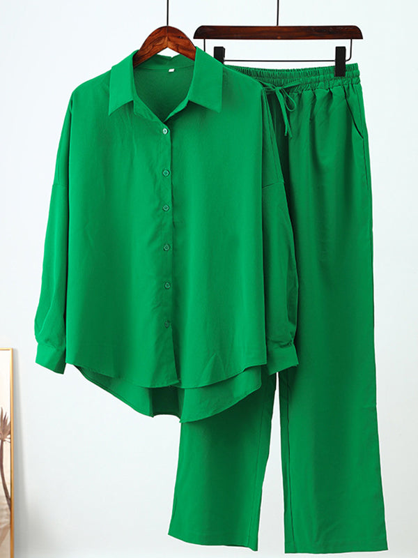 Solid Color Split-Joint High-Low Long Sleeves Buttoned Lapel Blouses + Drawstring Pants Two Pieces Set