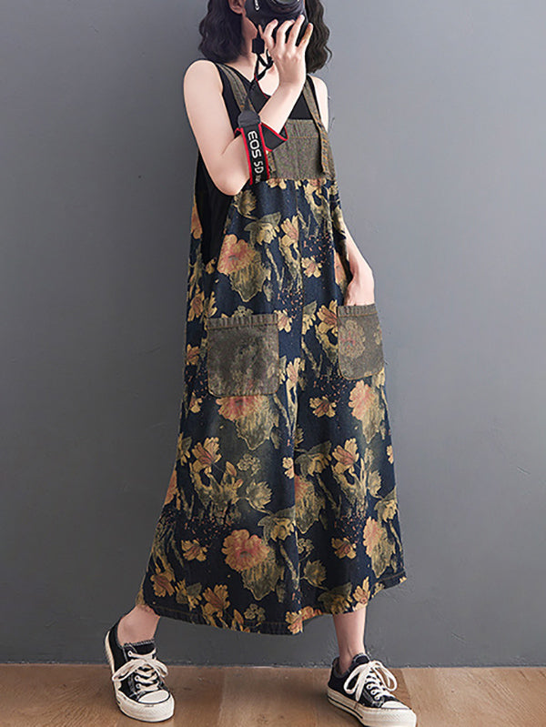 Buttoned Floral Printed Split-Joint Loose Oversize Overalls Ninth Pants