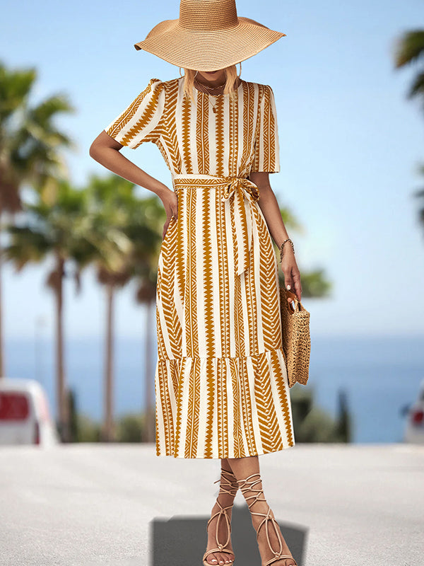 Split-Joint Striped Tied Waist A-Line Loose Round-Neck Midi Dresses