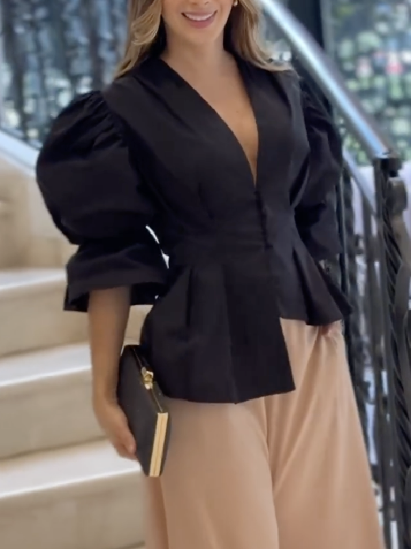 Asymmetric Buttoned Solid Color High-Low Puff Sleeves Deep V-Neck Blouses&Shirts Tops