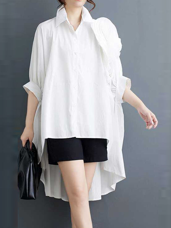Asymmetric Buttoned Pleated Solid Color Three-Dimensional Flower Batwing Sleeves Half Sleeves Lapel Blouses&Shirts Tops