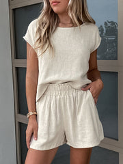 Round-Neck Loose Sleeveless Solid Color Split-Joint Vest Top + Elasticity Shorts Bottom Two Pieces Set