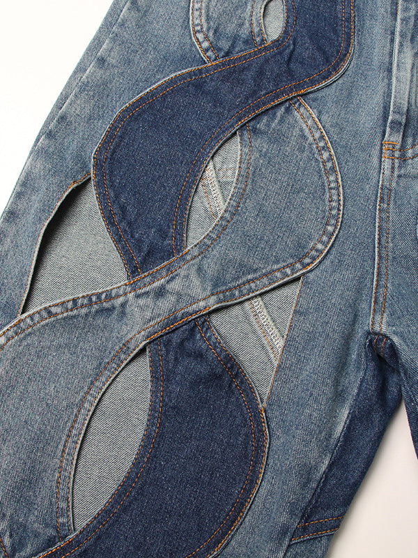 Flower Shape Hollow High Waisted Straight Leg Jean Pants Bottoms