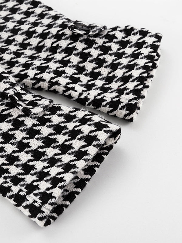Houndstooth Split-back Split-Joint Tied Waist Long Sleeves Loose Lapel Trench Coats
