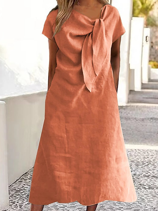 Asymmetric Solid Color Split-Joint Loose Raglan Sleeve Round-neck Midi Dresses