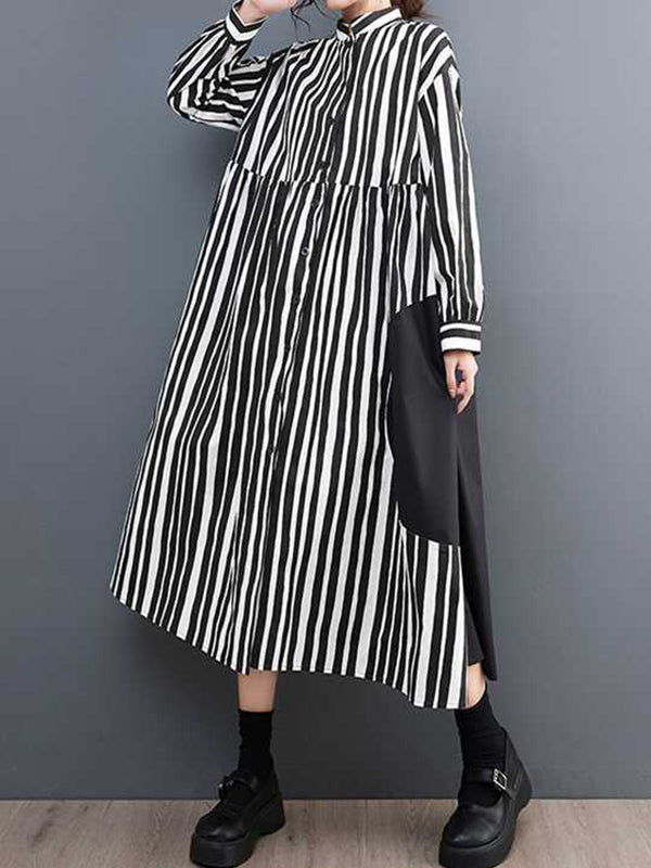 Buttoned Split-Joint Striped Long Sleeves Loose Mock Neck Midi Dresses