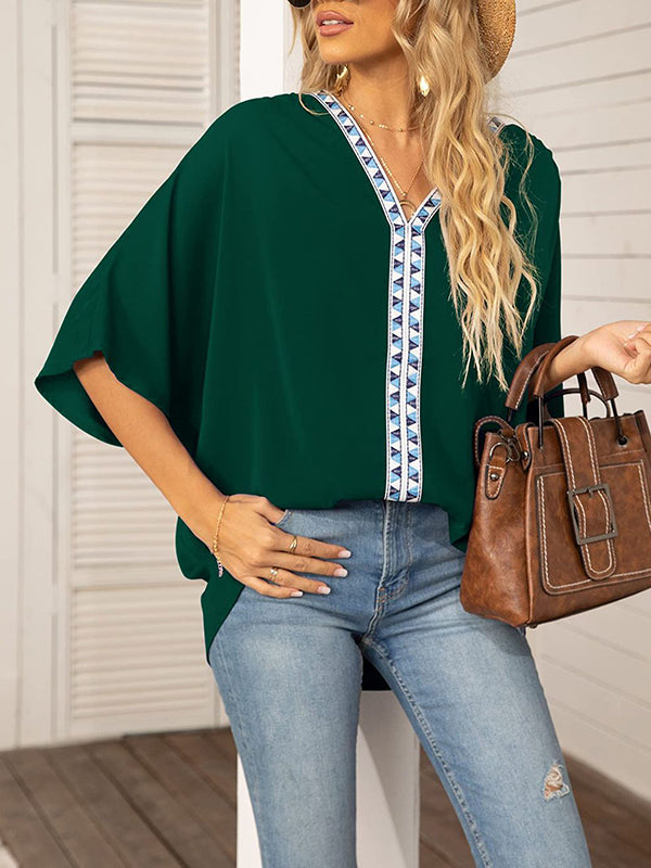 Split-Joint Batwing Sleeves Loose V-neck Blouses&shirts Tops