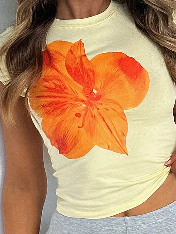 Flower Print Short Sleeves Skinny Round-Neck T-Shirts Tops