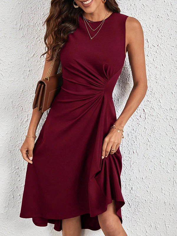 Asymmetric Pleated Solid Color Split-Joint A-Line High Waisted Round-Neck Midi Dresses