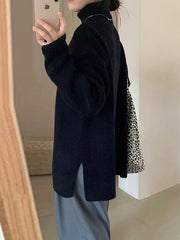 Solid Color Split-Joint Split-Side Long Sleeves Loose High Neck Sweater