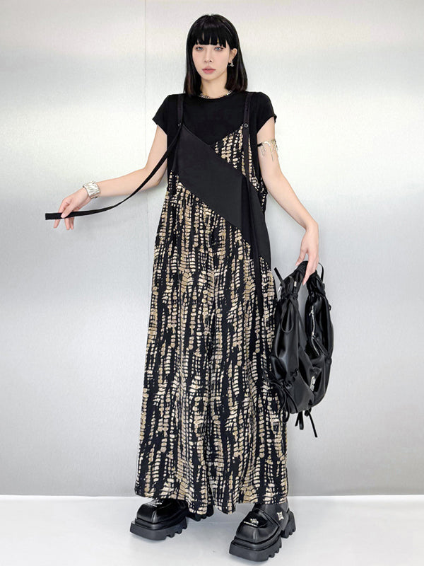 Asymmetric Contrast Color Printed Split-Joint Loose Sleeveless Spaghetti-Neck Overalls