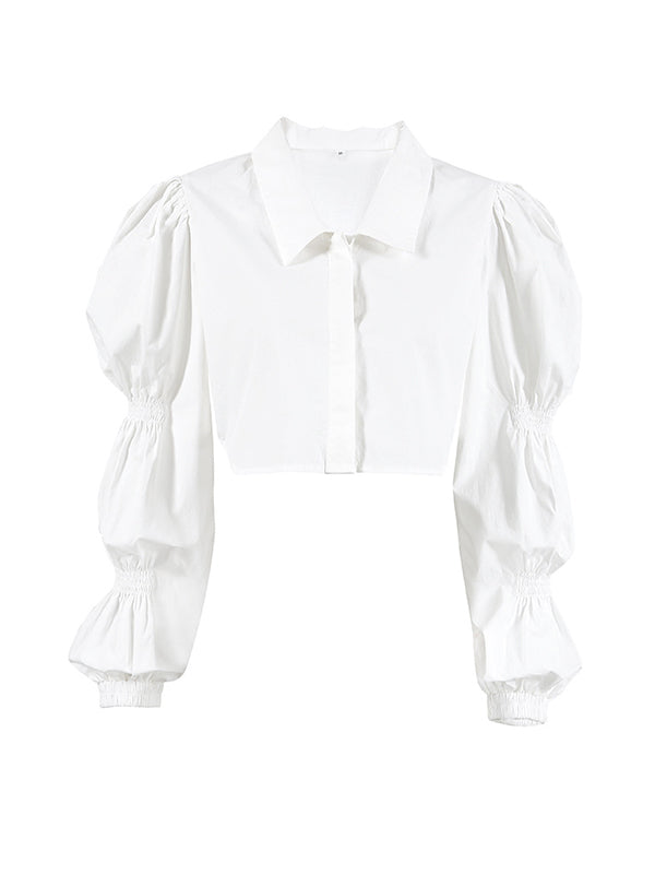 Buttoned Elasticity Solid Color Bishop Sleeve Long Sleeves Lapel Blouses&Shirts Tops
