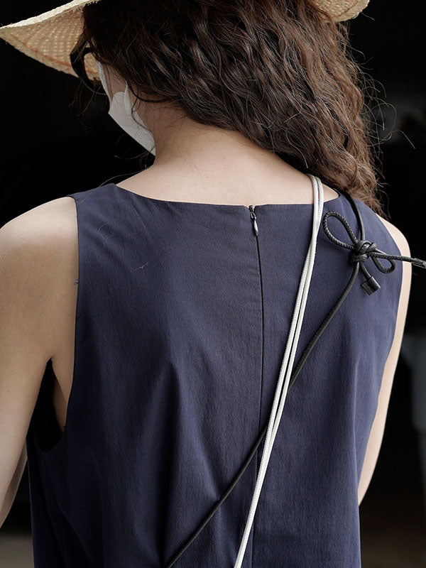 Solid Color Loose Sleeveless Round-Neck Midi Dresses