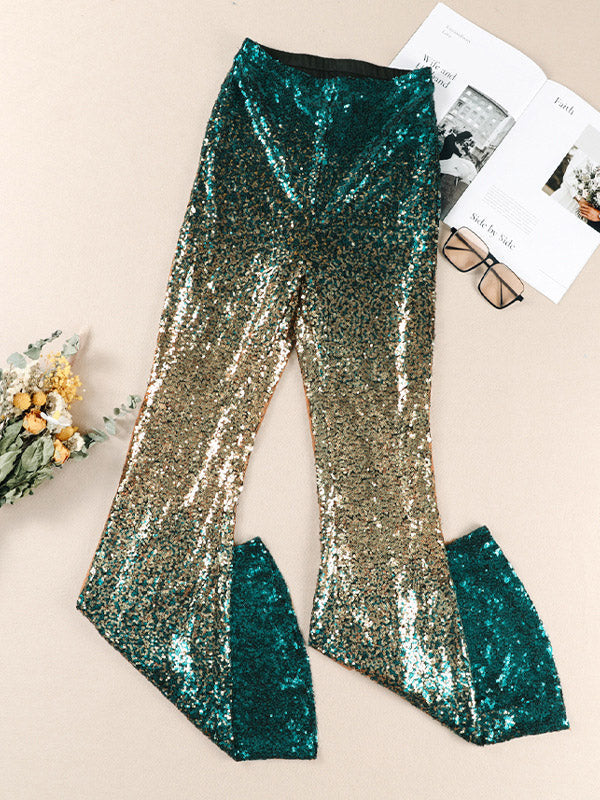 Contrast Color Gradient Sequined Shiny Flared Pants Skinny Leg Pants Bottoms
